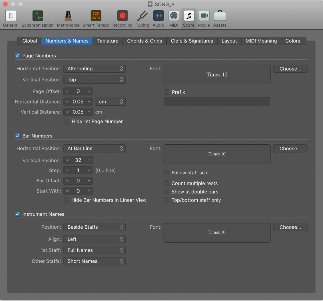 Figure. Score Numbers and Names settings.