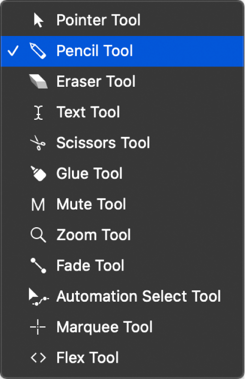 Figure. The Tool menu in the Piano Roll Editor, with the Pencil tool selected.