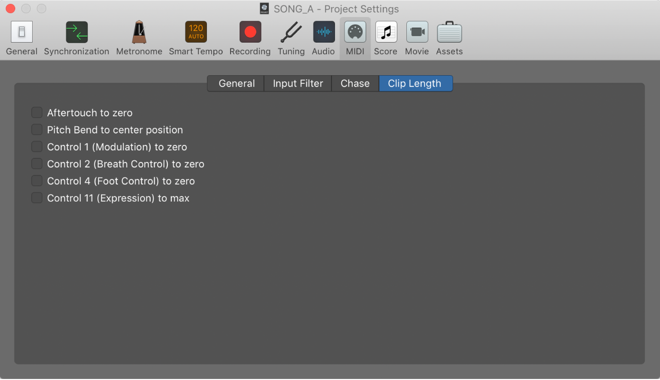 Figure. MIDI Clip Length settings.