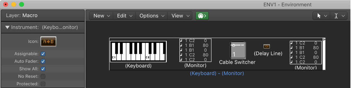 Figure. Environment window showing a macro object and its inspector.