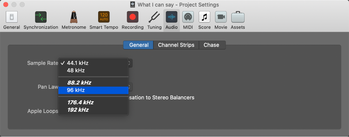 Figure. Sample Rate menu in the Audio project settings pane.