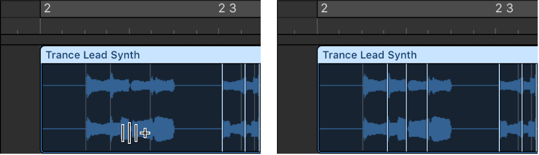 Figure. Audio region showing the creation of three flex markers.