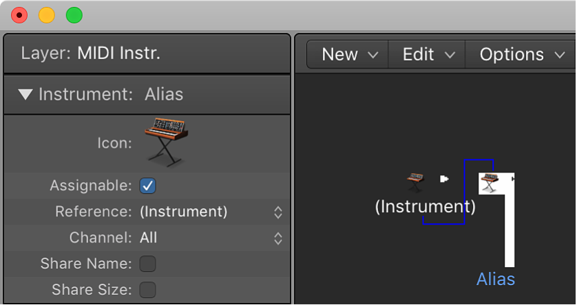 Figure. Environment window showing an alias object and its inspector.