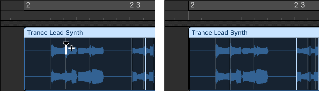 Figure. Audio region showing flex marker creation on top of transient marker.