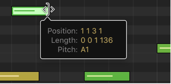 Figure. Dragging the lower-right edge of a MIDI note in the Piano Roll Editor. The Help tag shows the note length.