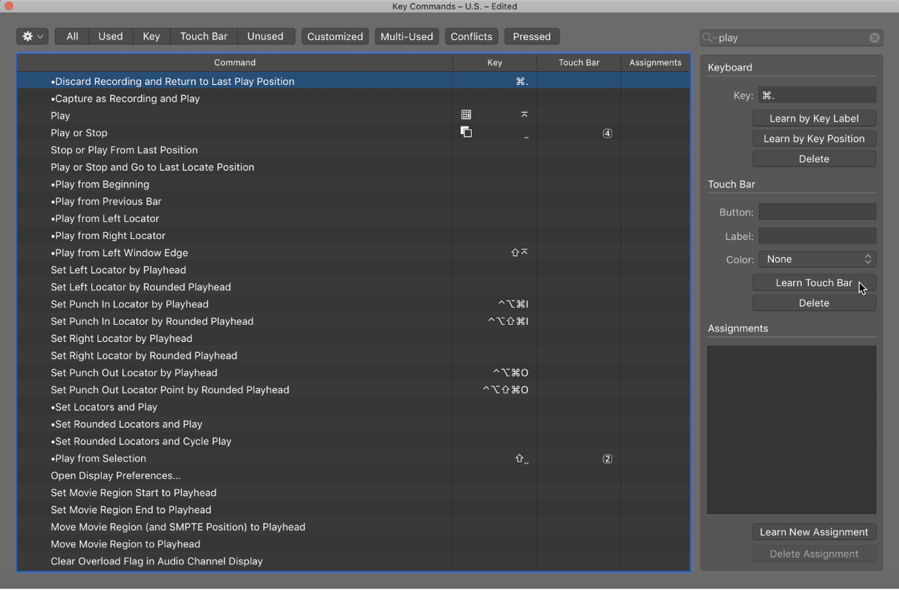 Figure. Assigning a function to the Touch Bar Key Commands screen.