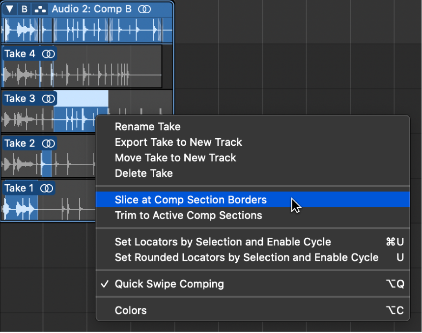 Figure. Choosing Slice at Comp Section Borders from the shortcut menu.