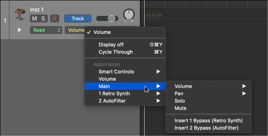 Figure. Choosing an automation parameter from the pop-up menu.