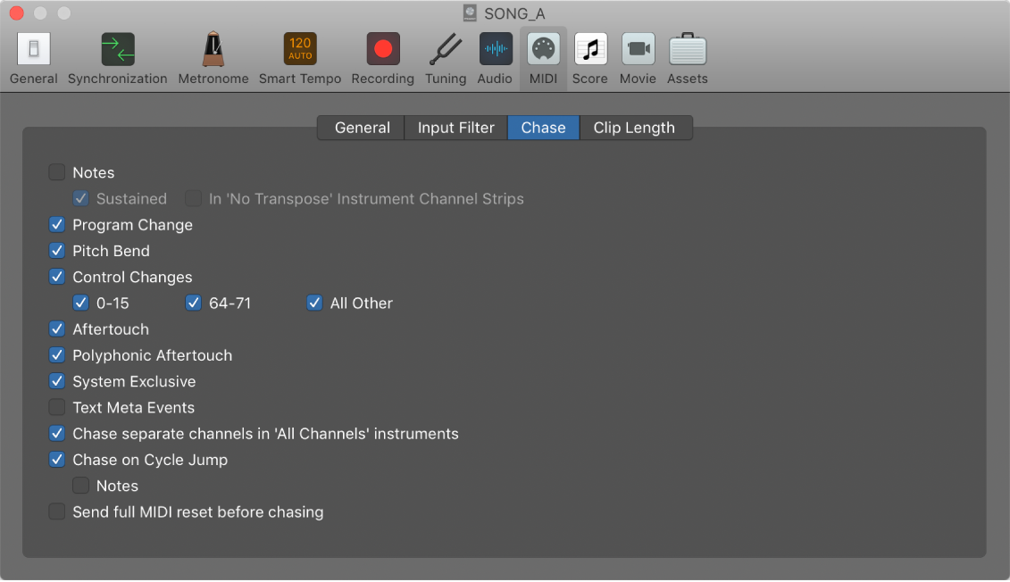 Figure. MIDI Chase settings.