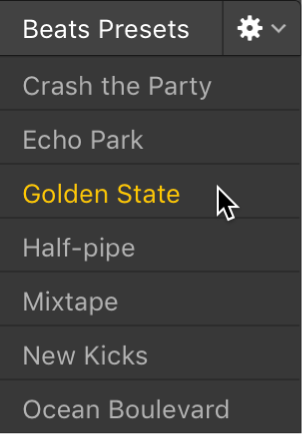 Figure. Choosing a preset in the Drummer Editor.
