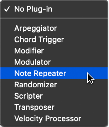 Figure. Choosing a MIDI effect from the pop-up menu.