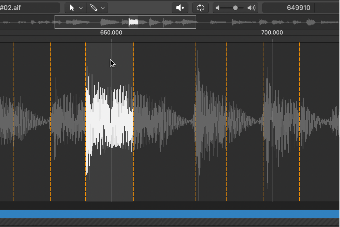 Figure. Sample Editor selection between two transient markers.