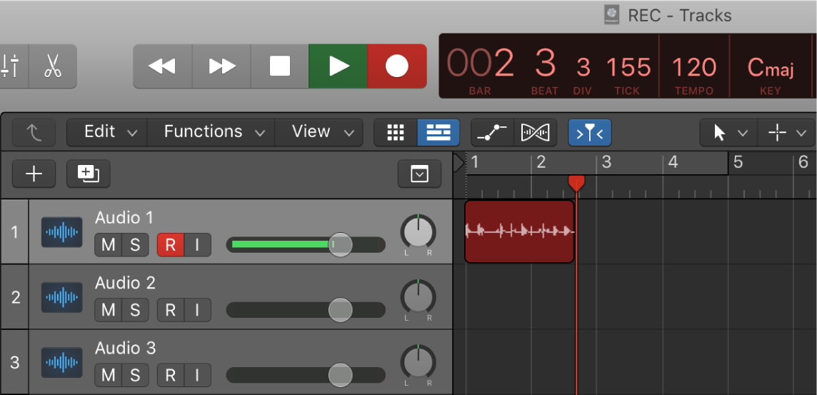 Figure. Showing a recorded audio region in red in the Tracks area.