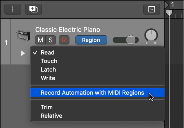 The Record Automation with MIDI Regions menu item in the Automation mode pop-up menu.