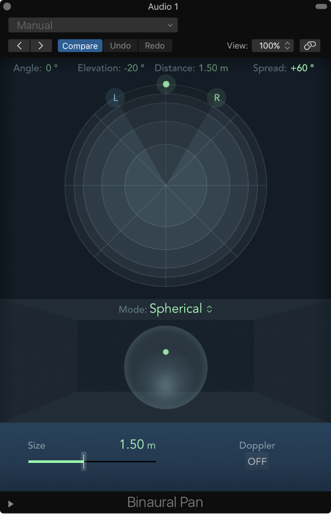 Figure. Spherical mode in the Binaural Panner window.