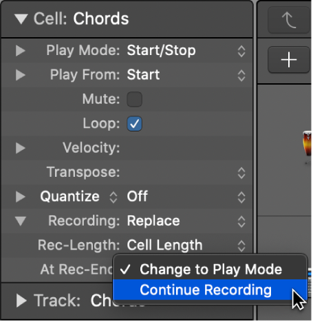 Figure. At Rec-End settings pop-up menu in the Cell inspector.