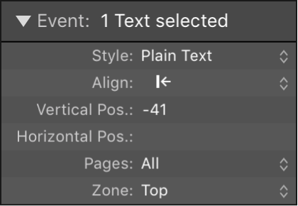 Figure. Global text object parameters in the Event Parameter box.