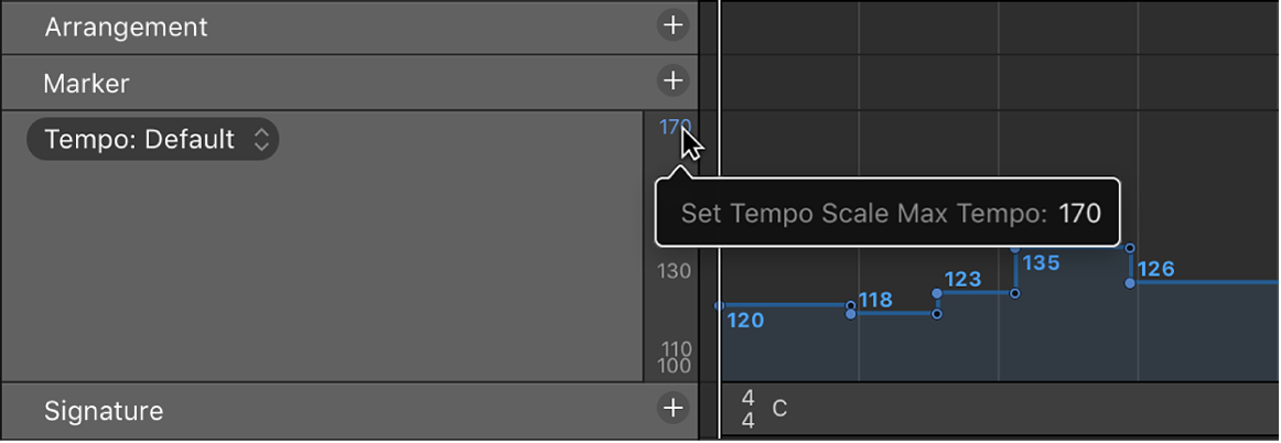 Figure. Dragging tempo scale values in tempo display.