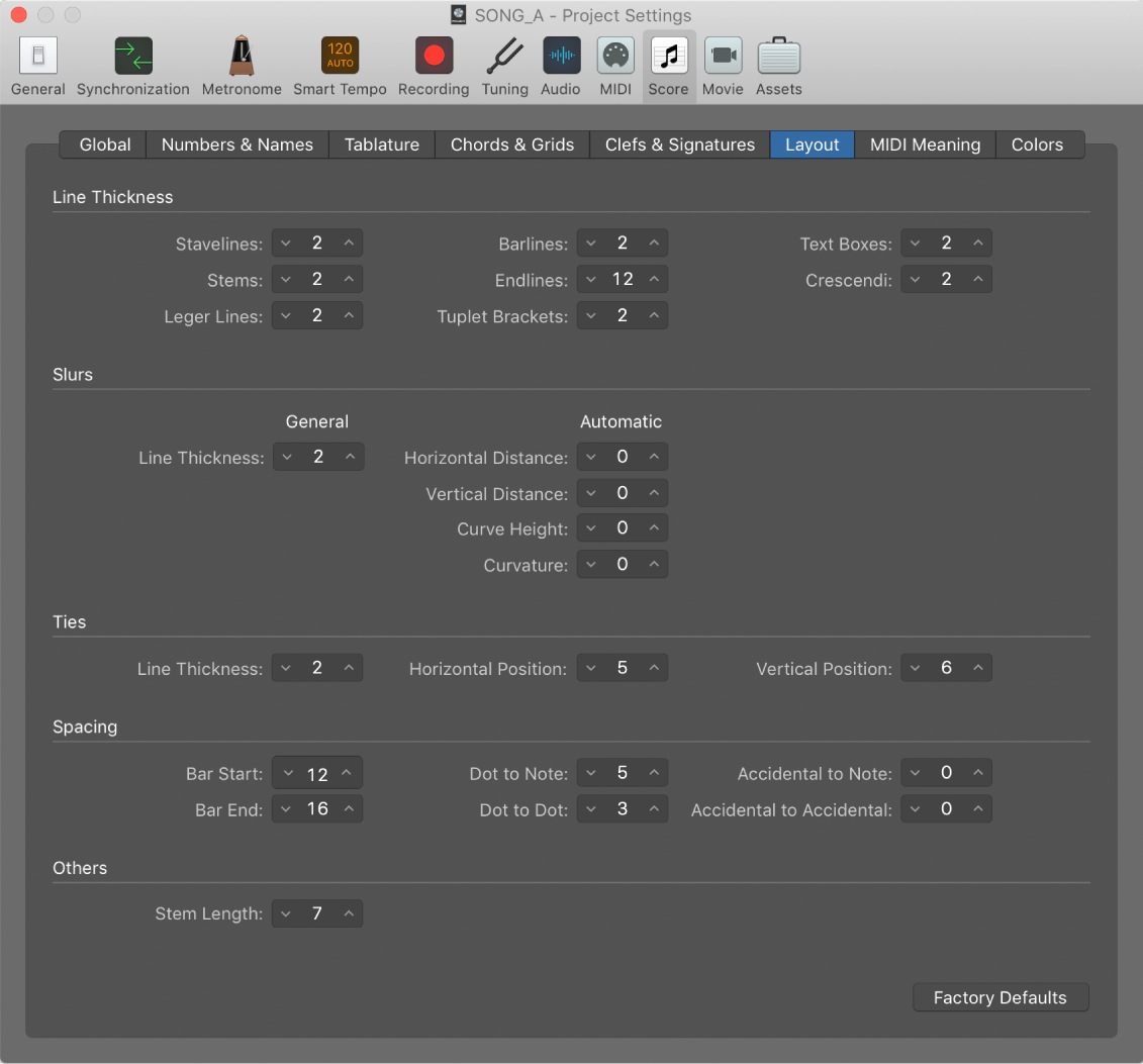 Figure. Score Layout settings.