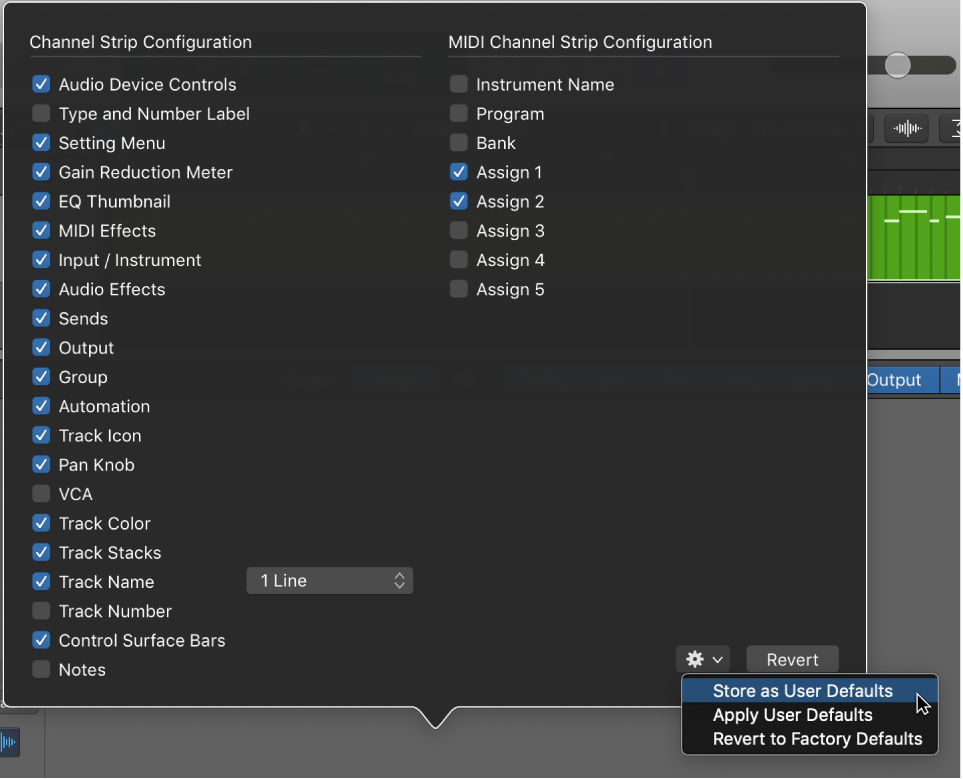 Figure. Saving a channel strip configuration as user default.