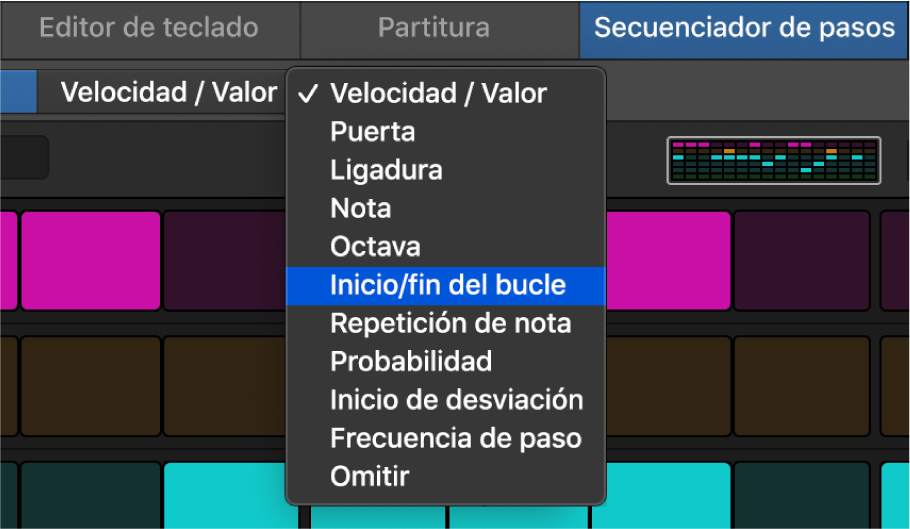 Selector de modo de edición del secuenciador de pasos, que muestra los diferentes modos de edición.