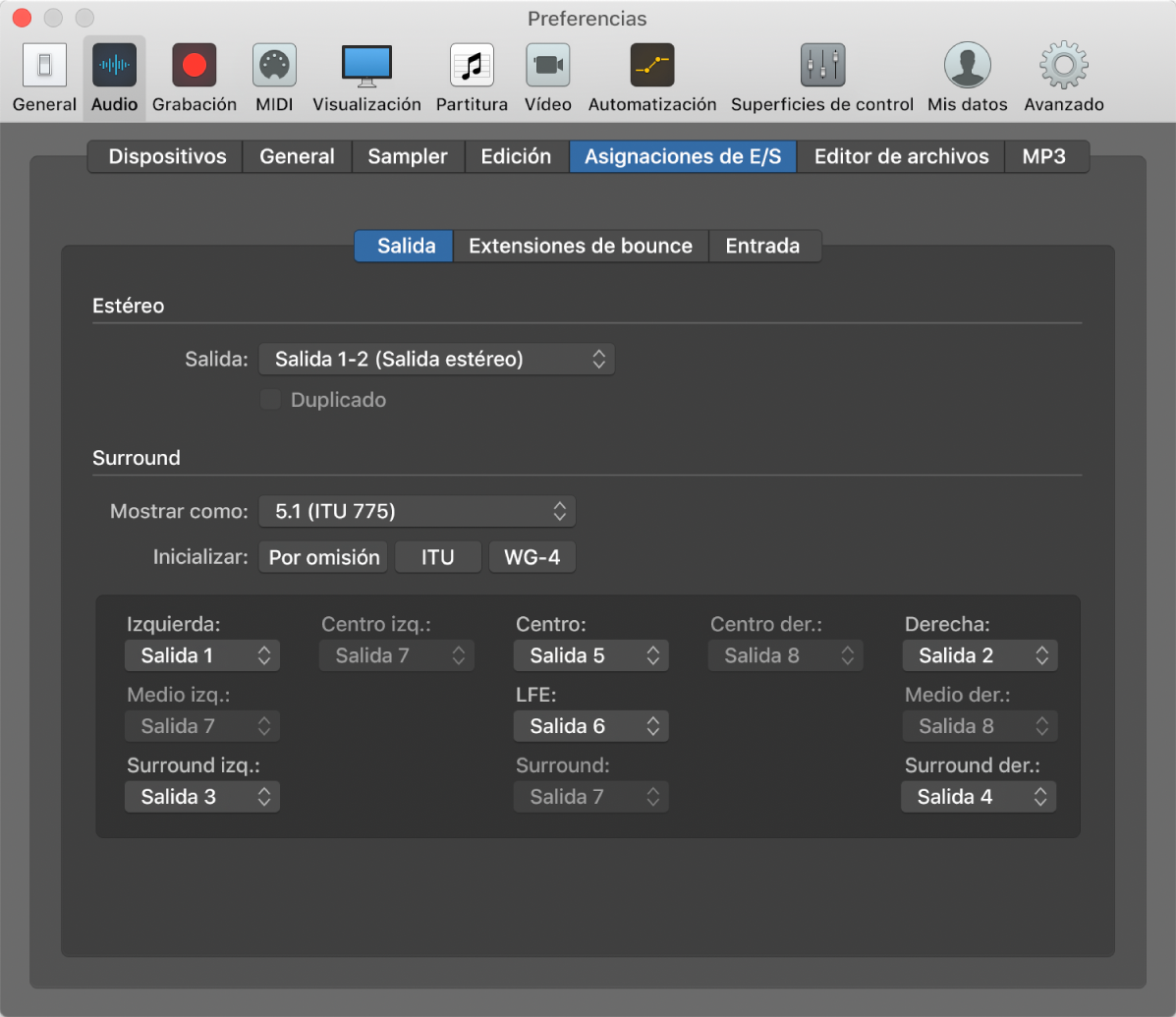 Ilustración. Panel “Asignaciones de E/S” en el panel de preferencias Audio.