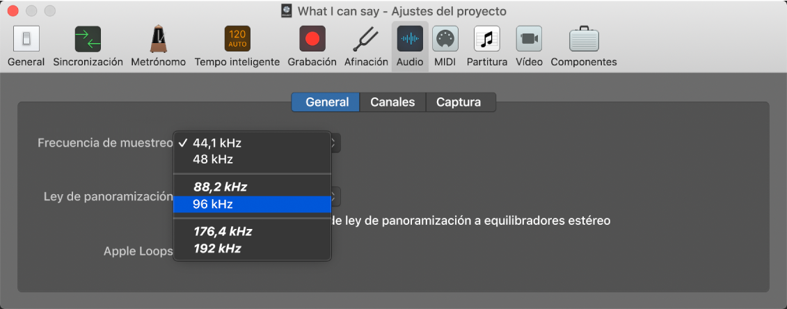 Ilustración. Menú “Frecuencia de muestreo” en el panel Audio de “Ajustes del proyecto”.
