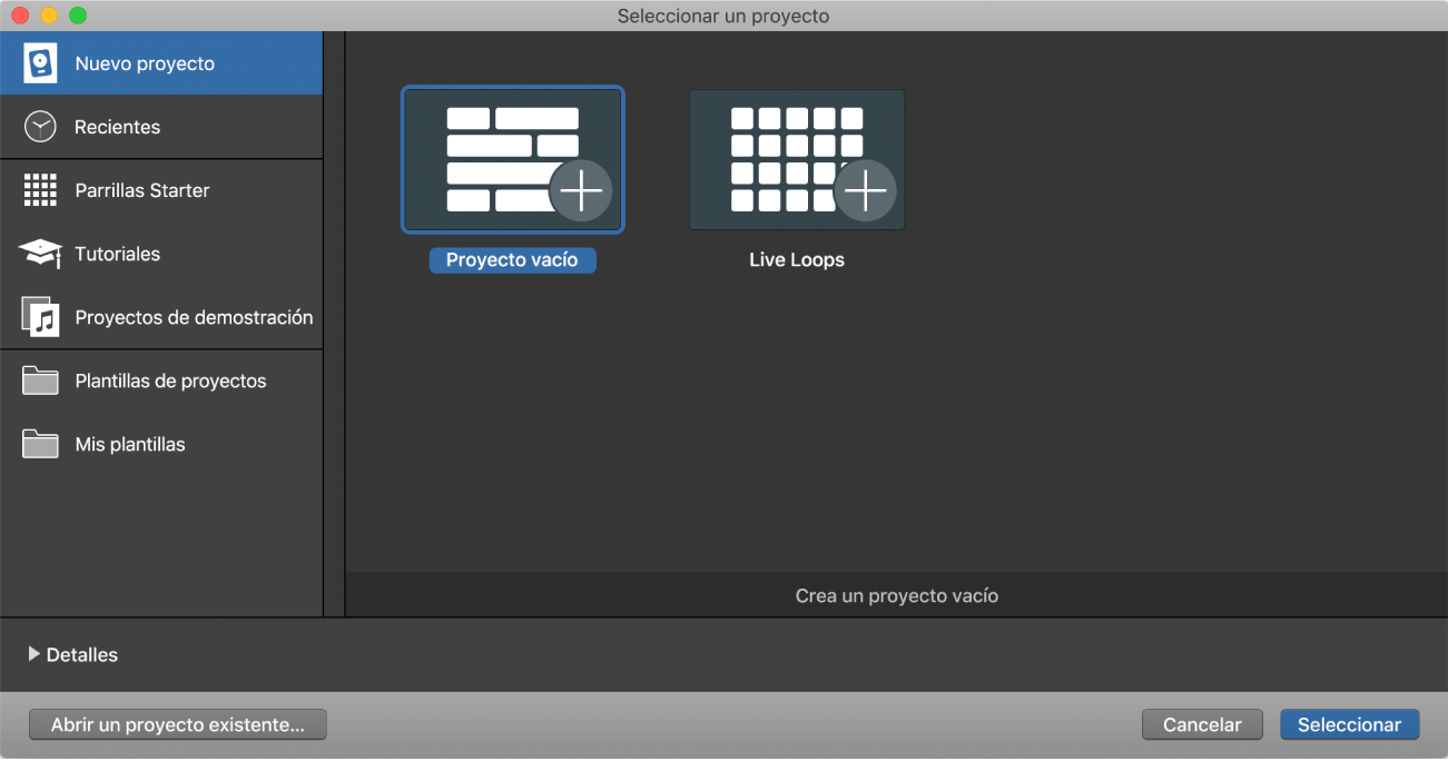 Ilustración. Selector de proyectos con la opción “Proyecto vacío” seleccionada.