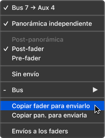 Ilustración. Comando “Copiar fader a envío”.