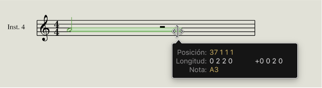 Ilustración. Se está ampliando la barra de duración de nota en el editor de partituras.