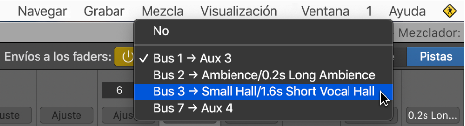 Ilustración. Selección de un canal de retorno del efecto en el menú desplegable “Envíos a los faders”.