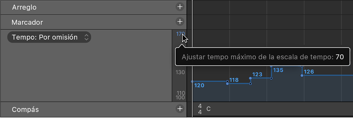 Ilustración. Se están arrastrando valores de la escala de tempo en la visualización de tempo.