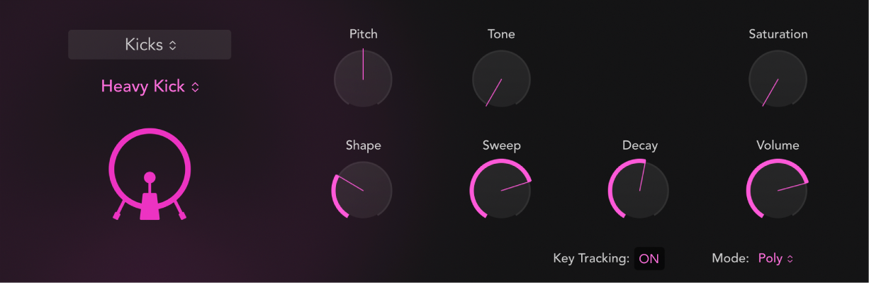 Ilustración. Interfaz de Drum Synth con un sonido de bombo y parámetros asociados. Los parámetros cambian cuando se eligen diferentes tipos de sonidos de percusión.