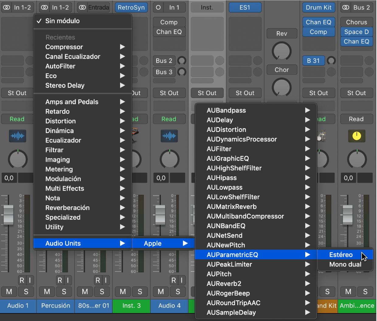 Submenú de Audio Units en el menú Módulos.