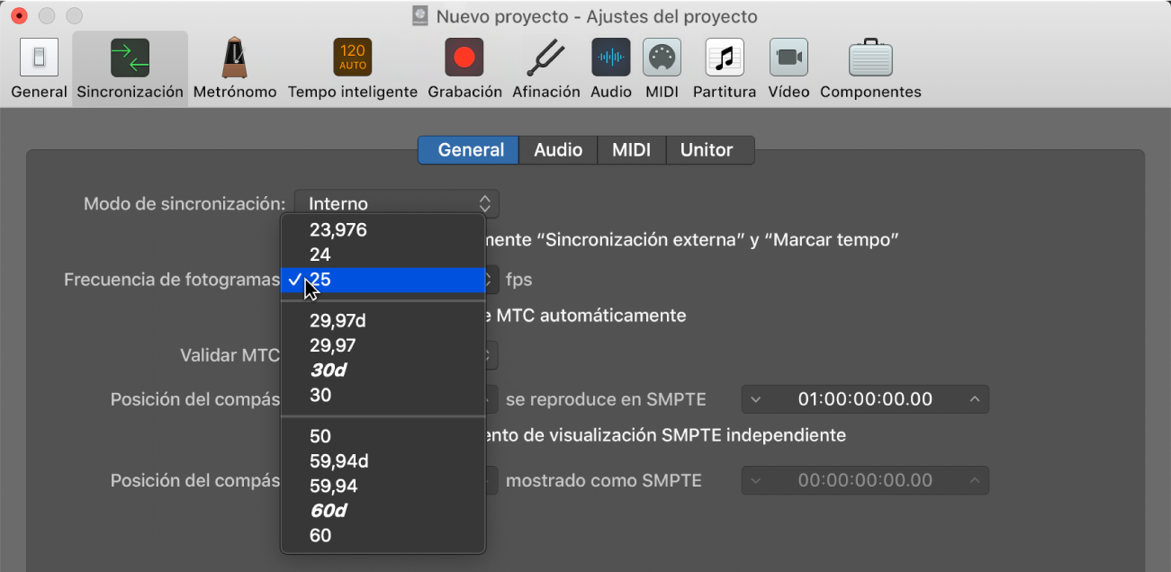 Ilustración. Ajustes de sincronización del proyecto con el menú desplegable “Frecuencia de fotogramas”.