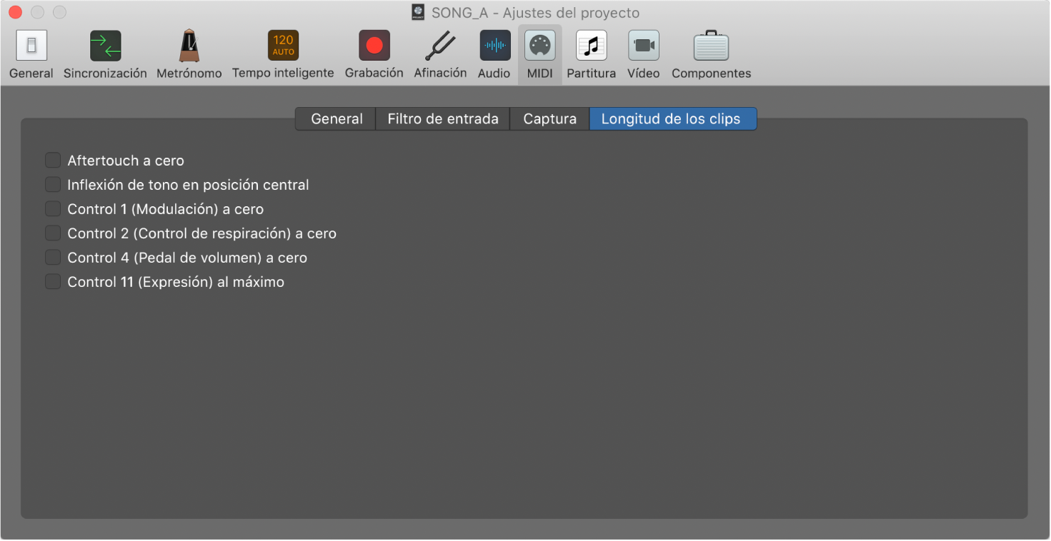 Ilustración. Ajustes de longitud del clip MIDI.