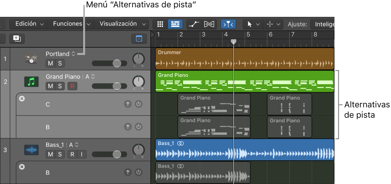 Ilustración. Área Pistas donde se muestran varias alternativas de pista, con el menú “Alternativas de pista” visible en las cabeceras de pista.