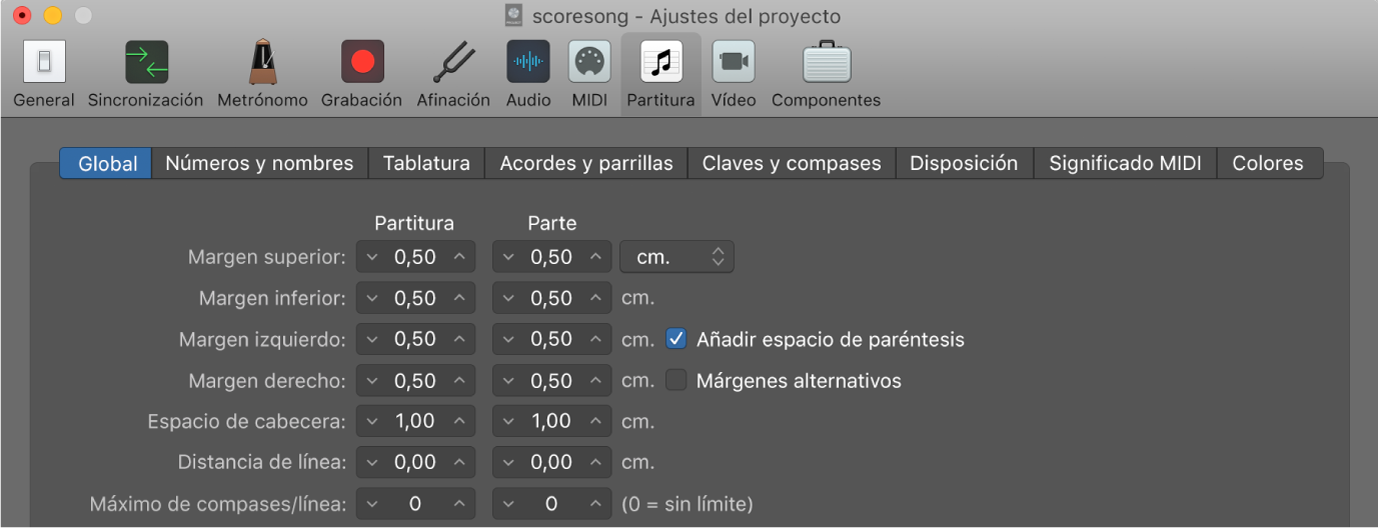 Ilustración. Panel Global de los ajustes de partitura del proyecto.