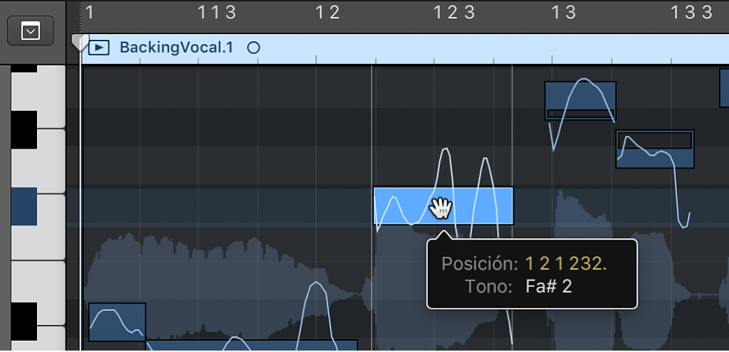 Ilustración. Se está arrastrando una nota horizontalmente en el editor de pistas de audio.