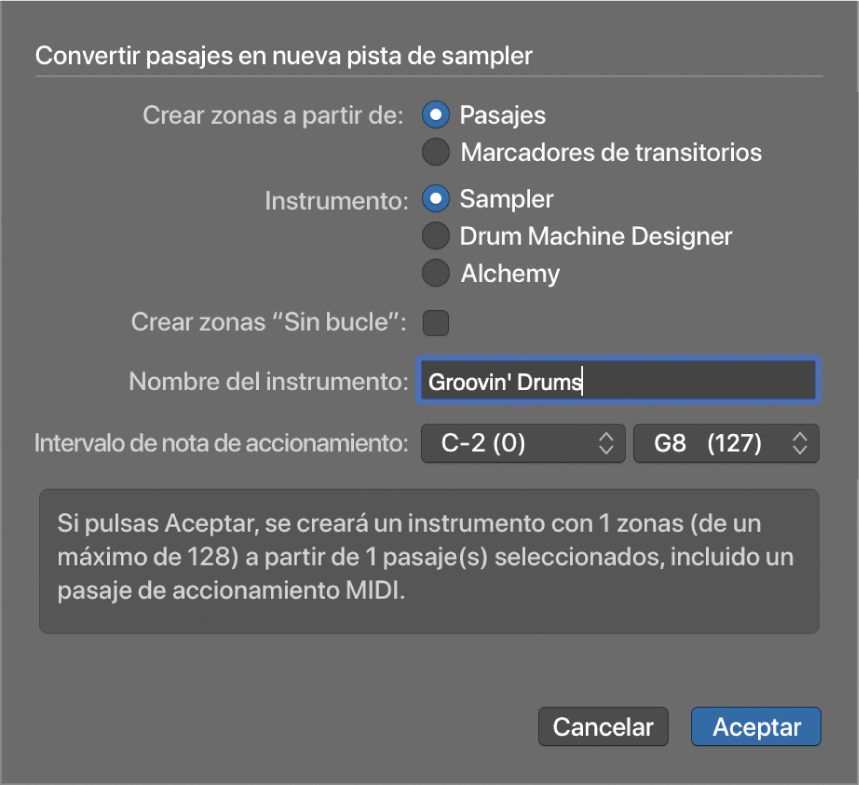 Ilustración. Cuadro de diálogo “Convertir pasajes en nueva pista de sampler”.