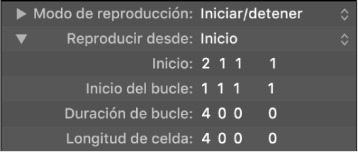 Ilustración. Parámetros de la reproducción en bucle en el inspector de celdas.