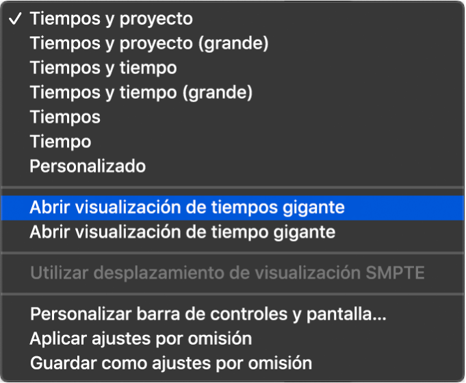 Ilustración. Menú de la pantalla LCD, con la opción “Utilizar desplazamiento de visualización SMPTE” seleccionada.