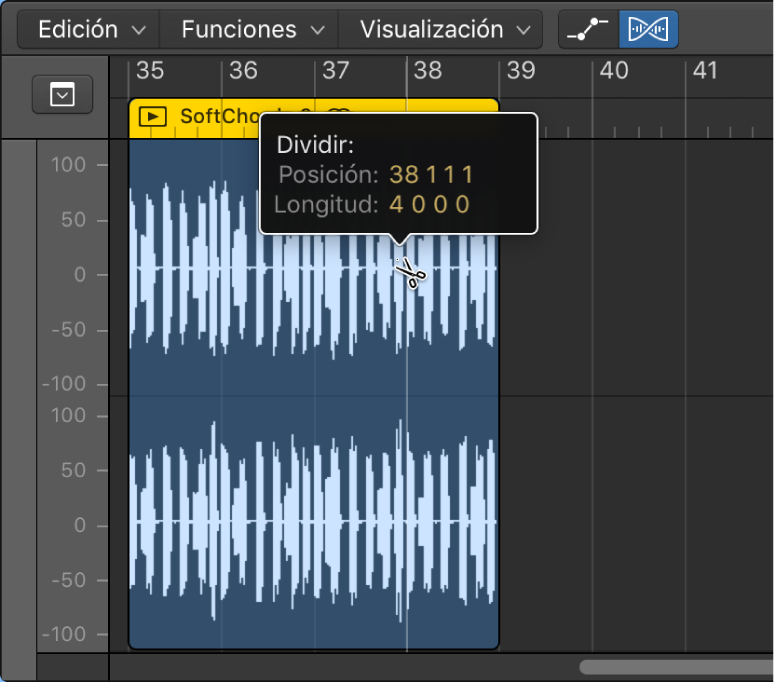 Ilustración. Se está editando un pasaje de audio en el editor de pistas de audio.