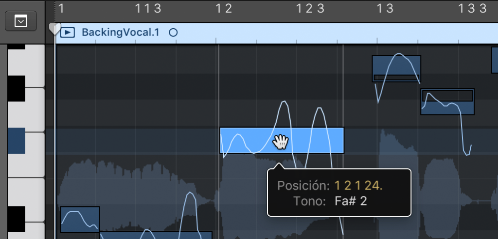 Ilustración. Se está arrastrando una nota verticalmente en el editor de pistas de audio.