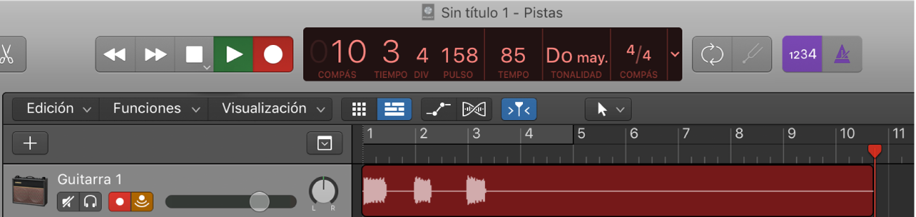 Ilustración. Pista de audio en el área Pistas con un nuevo pasaje de audio grabándose.