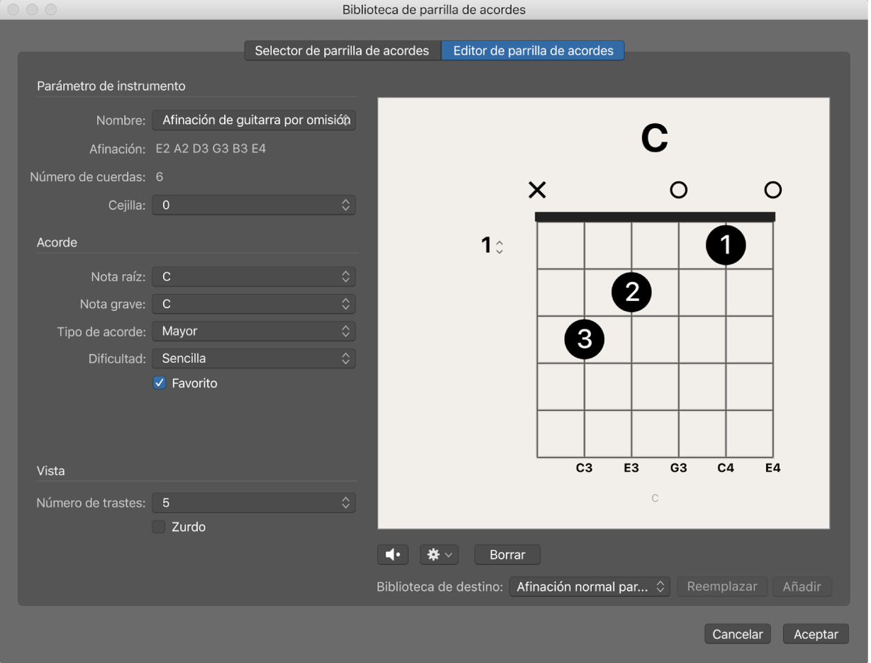 Ilustración. Panel “Editor de parrilla de acordes” en la ventana “Biblioteca de parrilla de acordes”.