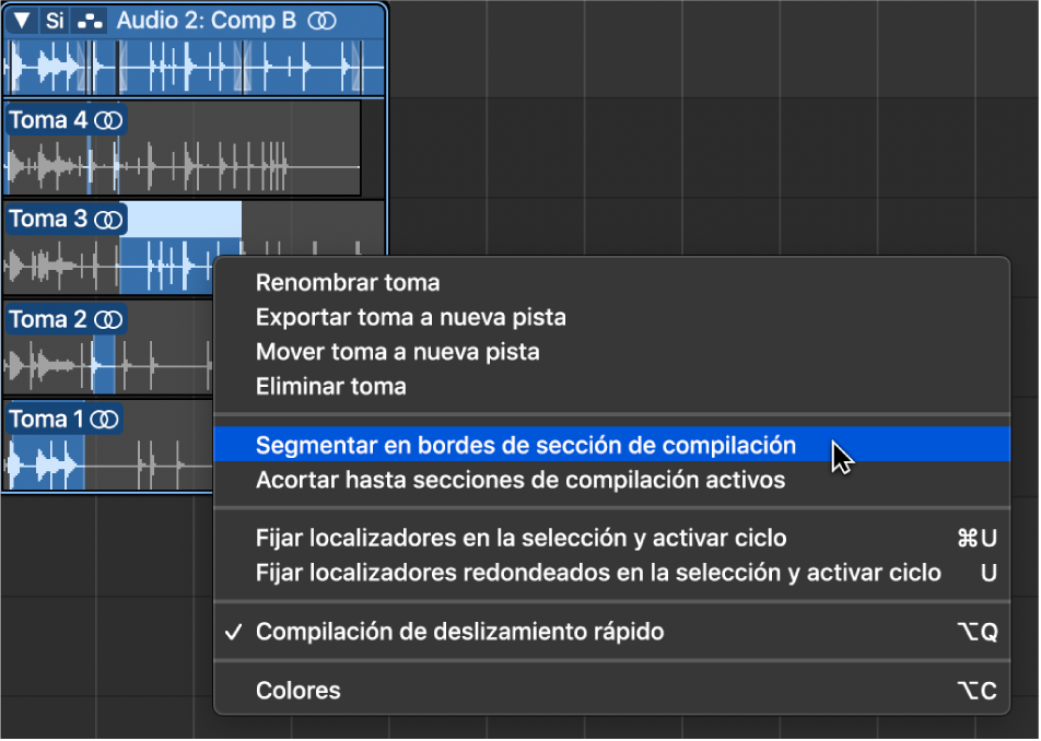 Ilustración. Se está seleccionando “Segmentar en bordes de sección de compilación” en el menú de función rápida.