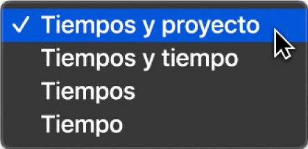 Ilustración. Se está seleccionando la opción “Tiempos y proyecto” en la pantalla LCD para mostrar las propiedades del proyecto.