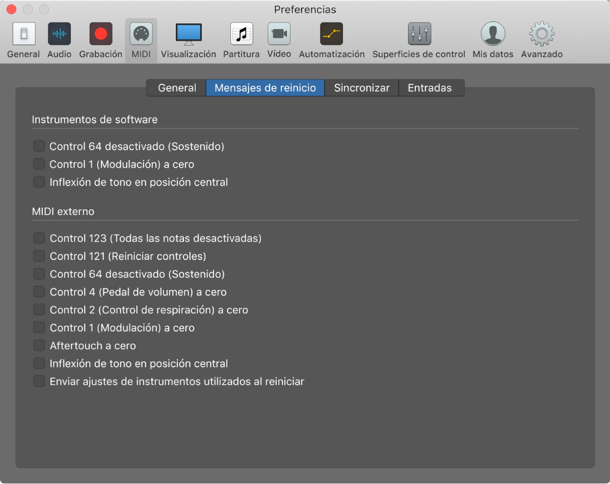 Ilustración. Preferencias MIDI de “Mensajes de reinicio”.