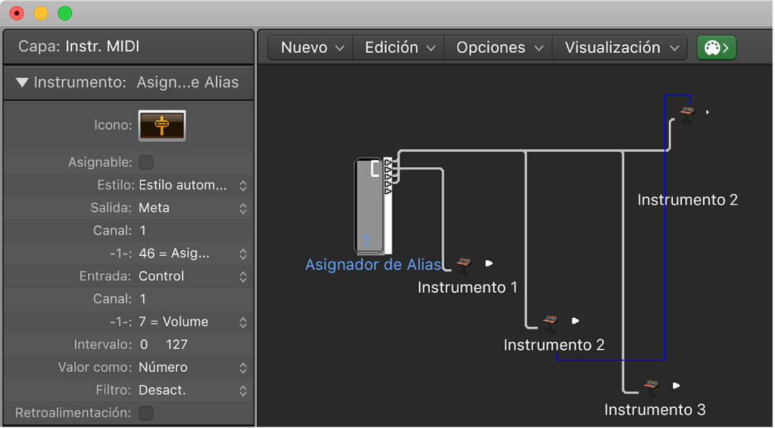 Ilustración. Ventana Entorno con un objeto asignador de alias y su inspector.